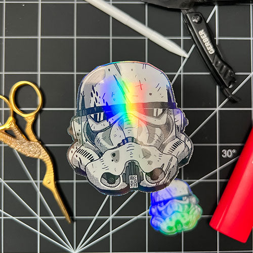 Battle Scarred Trooper Helmet Holographic Sticker